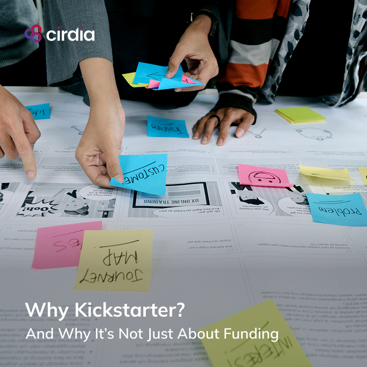 Cirdia team collaborating around a whiteboard with sticky notes and design sketches, illustrating transparency and co-creation.