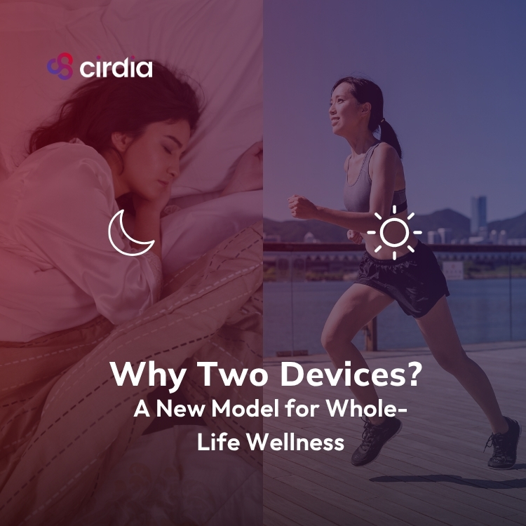 split image of a woman running during the day and a woman sleeping peacefully at night, representing Cirdia's Day & Night wellness system