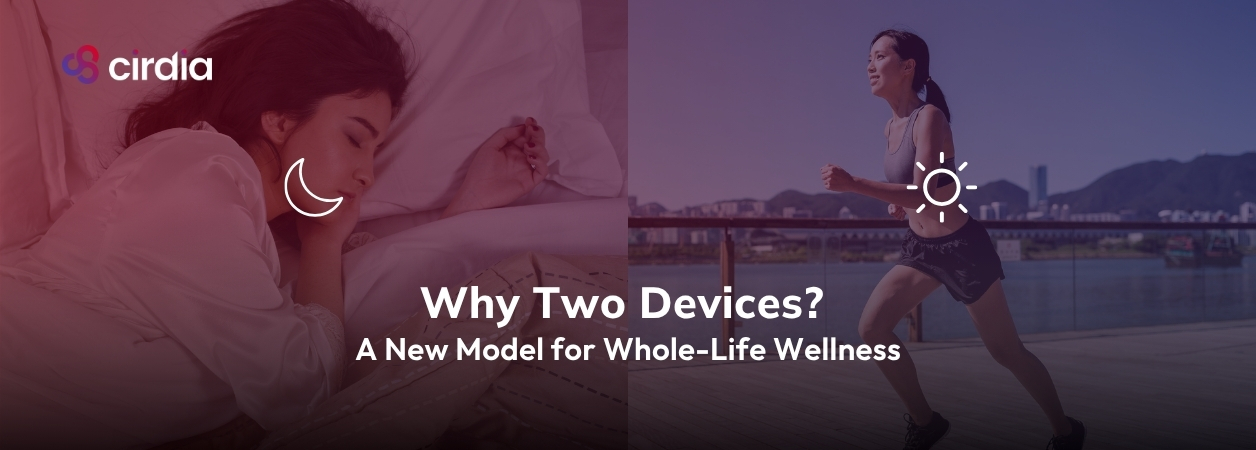 split image of a woman running during the day and a woman sleeping peacefully at night, representing Cirdia's Day & Night wellness system